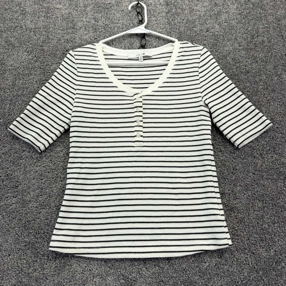 Joes Henley Top Womens Medium White Black Striped Short Sleeve Ribbed V Neck M